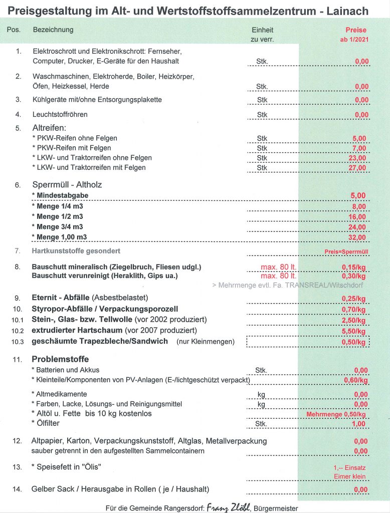 Preisgestaltung Alt-und Wertstoffsammelzentrum Lainach